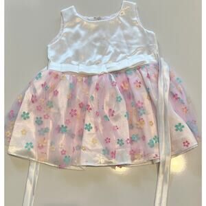 Adorable Baby Girl Floral Party Dress –White Satin Bodice & Colorful Tulle Skirt